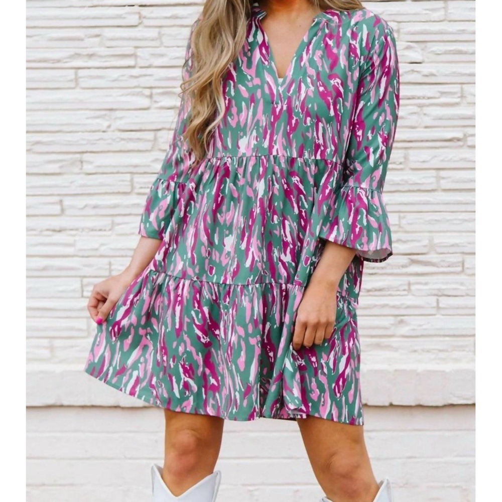 NWOT Michelle McDowell Women's Dress Size Small Green Pink Adorable Fall